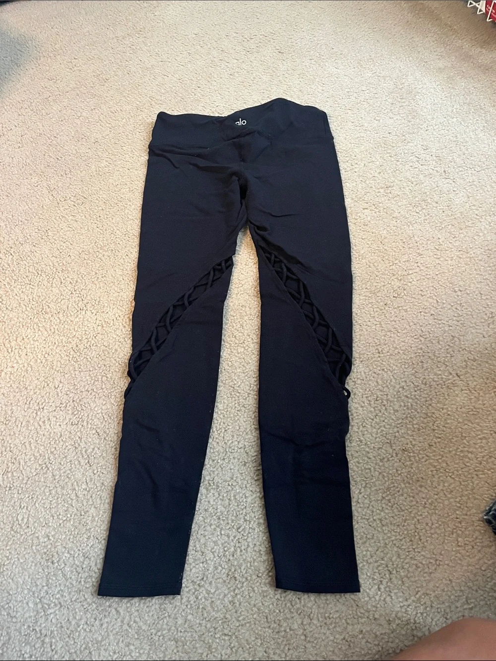 ALO Yoga Black Lattice-Panel High-Waist Leggings